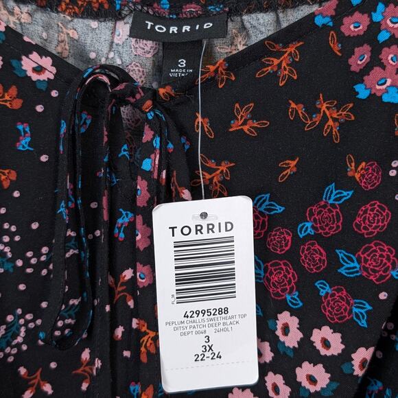 Torrid Peplum Challis Sweetheart Top, Black Floral Long Sleeve Peasant Blouse 3x - Picture 11 of 13